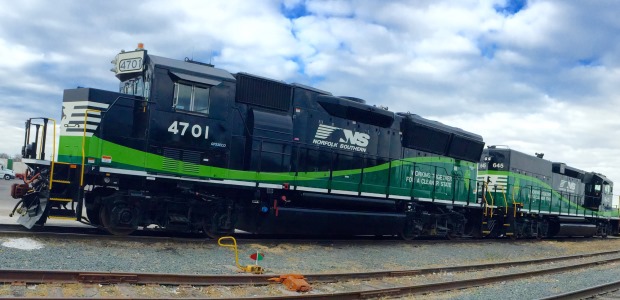These Norfolk Southern lower-emission locomotives were photographed in one of its Chicago railyards. (Norfolk Southern photo)